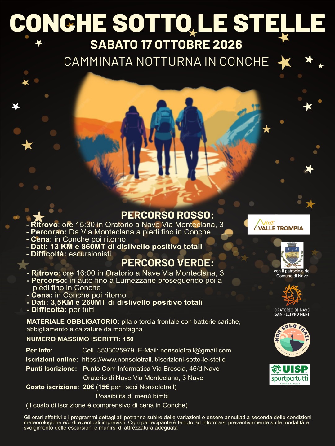 Sono passati diversi anni da quando abbiamo partecipato per la prima volta a quella meravigliosa camminata notturna ideata dallo storico GEO di Nave. Un’esperienza magica, conclusa con una cena conviviale all'Eremo di Conche, che ci è rimasta dritta nel cuore. ❤️
Come Nonsolotrail.it A.s.d. abbiamo deciso di riproporla: un’iniziativa che non solo attraversa luoghi incantevoli immersi nella natura, ma incarna alla perfezione i nostri valori di sport all'aria aperta, socialità e rispetto dell'ambiente. 🌿🚶♂️
✨ Vi presentiamo l'edizione 2026 di "Conche sotto le stelle"! ✨
📝 Le iscrizioni sono ufficialmente APERTE!
⚠️ Attenzione: i posti sono limitati dalla capienza dell'Eremo, quindi non aspettate troppo per riservare il vostro posto.
🔗 Info e iscrizioni: clicca sul link in bio o visitate il nostro sito!
https://www.nonsolotrail.it
https://docs.google.com/forms/d/e/1FAIpQLSfihhSz3k2Okp7d6NTKIBvi3s3ANCQJwK7CxzPZHXEyk9xaqw/viewform