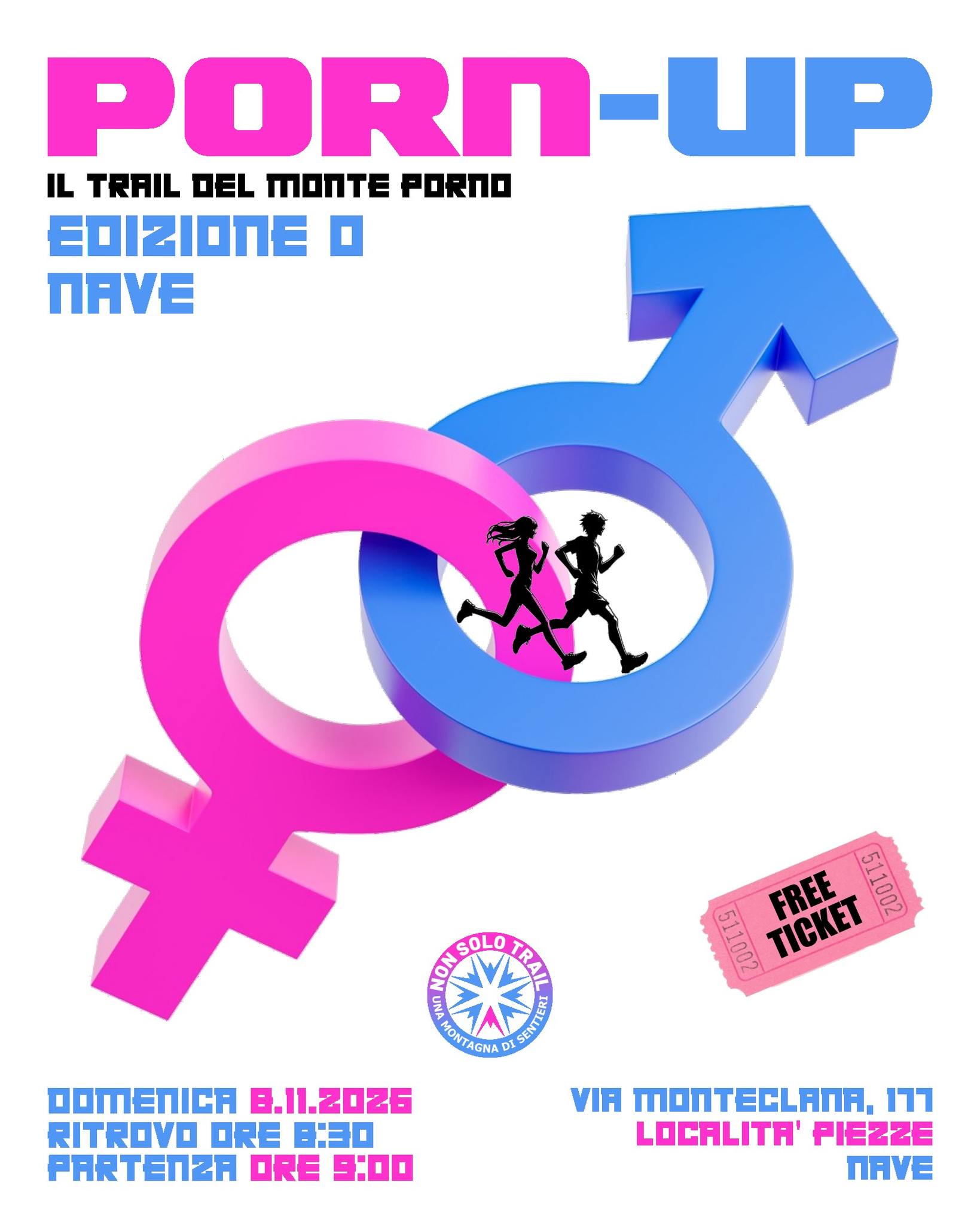 Porn-Up è il ritrovo spontaneo e senza per tutti i trail runners pronti a divertirsi ! 🏃‍♂️💨
Un percorso spettacolare che si snoda tra i sentieri selvaggi della Valle Sant'Antonio e della Val Listrea, fino a conquistare i versanti del temibile 🤣Monte Porno.
📌 I dettagli da sapere:
Non è una gara ma un ritrovo... ognuno decide di partecipare in totale spontaneità e consapevolezza del percorso e conscio delle proprie capacità di percorrerlo in sicurezza e autonomia.
Nessun costo di iscrizione:  l'evento è 100% libero e spontaneo!
Terzo tempo in condivisione: chi vuole può portare qualcosa da mangiare o da bere per festeggiare insieme a fine corsa. (Piccolo consiglio: meglio poco, ma buono! 😉)
Tracciato ad anello: partenza e arrivo coincidono nello stesso punto.
Balise: il percorso sarà interamente tracciato con frecce e le classiche "balise" giallo fluo!
Parcheggi: in numero limitato in località Piezze si consiglia di parcheggiare più in basso e salire a piedi l'ultimo chilometro.
📊 I numeri dell Porn-Up :
Distanza: ~8 km
Dislivello positivo: +600 m
N.B. mandateci un messaggio per confermare la vostra presenza, non è vincolante ma è molto gradito. 💖