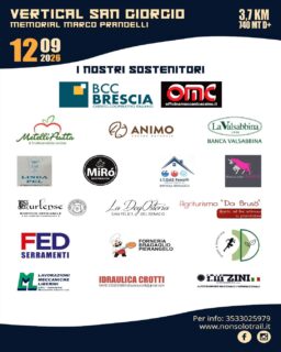 ⛰️ Un enorme ringraziamento a chi crede nello sport e nel nostro territorio!

Vogliamo fare un ringraziamento speciale a tutti i nostri sostenitori che, con il loro prezioso contributo di mezzi e personale, permettono la realizzazione della Vertical San Giorgio - Memorial Marco Prandelli nel migliore dei modi possibile.

Senza la vostra fiducia e il vostro supporto fondamentale, questa sfida non sarebbe la stessa! Grazie di cuore. ❤️

📅 Segnate la data: 12 settembre 2026!
🏞️ 3.7 KM di adrenalina e 740 MT D+.

Pronti a mettervi alla prova?

ℹ️ Info e iscrizioni: www.nonsolotrail.it
📞 Contatto: 353 302 5979
📲 Seguiteci per tutti gli aggiornamenti!